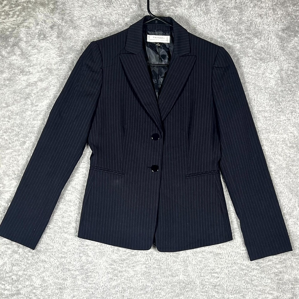 Tahari Arthur S. Levine Blazer Womens 2 Black Pinstripe Notch Lapel 2 Button